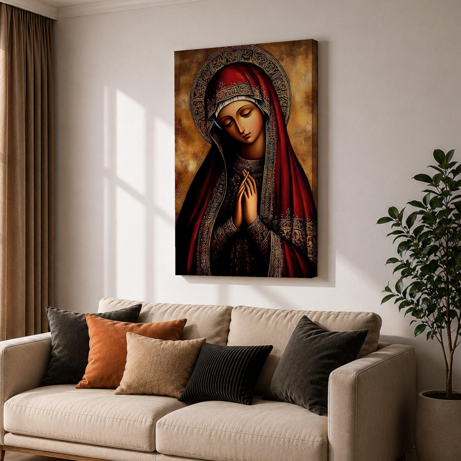 A detailed Byzantine icon style portrait of the Virgin Mary with a solemn expression, hands clasped in prayer, wearing a richly decorated red and gold robe and halo, rendered in a traditional religious art style with warm tones and intricate patterns.