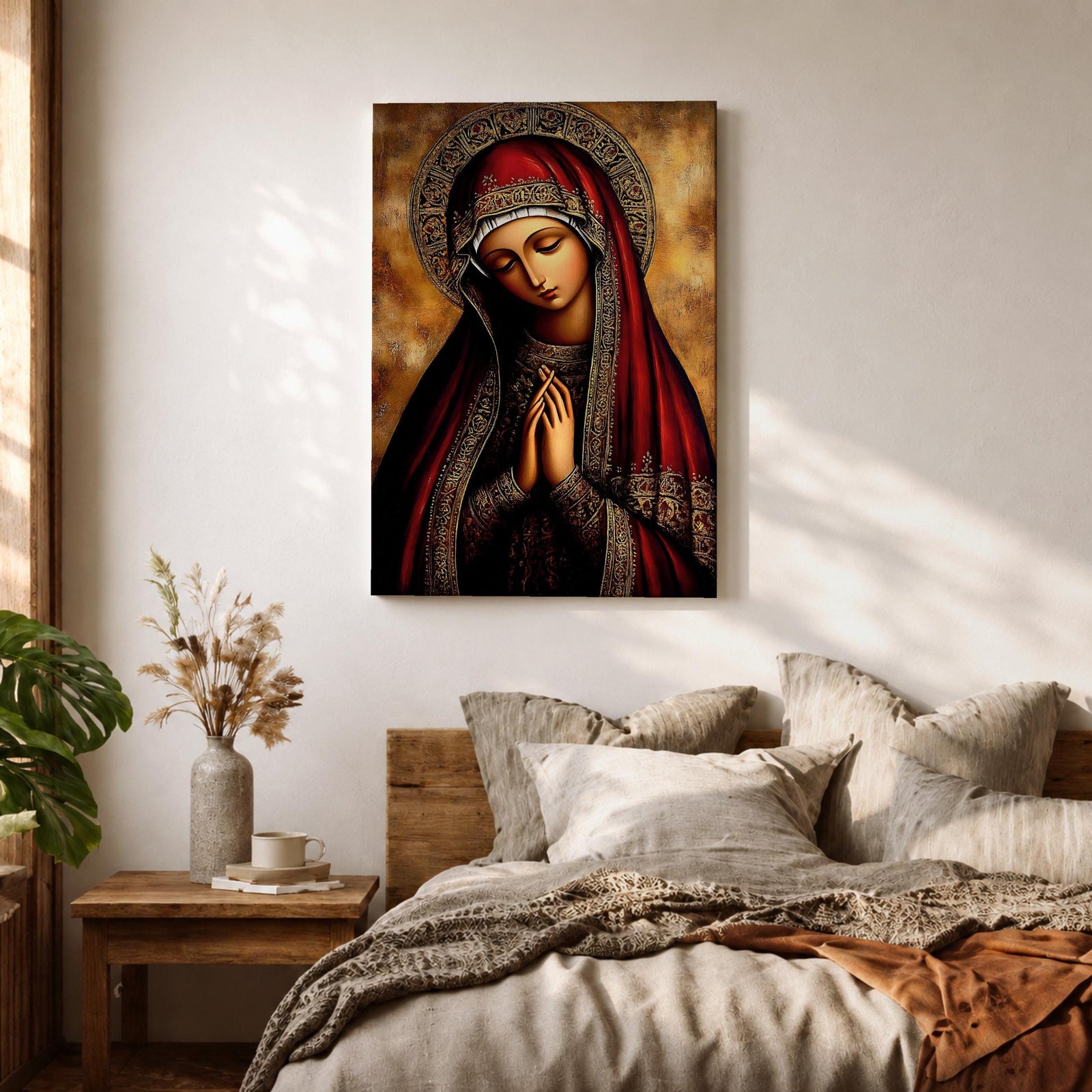 A detailed Byzantine icon style portrait of the Virgin Mary with a solemn expression, hands clasped in prayer, wearing a richly decorated red and gold robe and halo, rendered in a traditional religious art style with warm tones and intricate patterns.