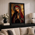 A detailed Byzantine icon style portrait of the Virgin Mary with a solemn expression, hands clasped in prayer, wearing a richly decorated red and gold robe and halo, rendered in a traditional religious art style with warm tones and intricate patterns.