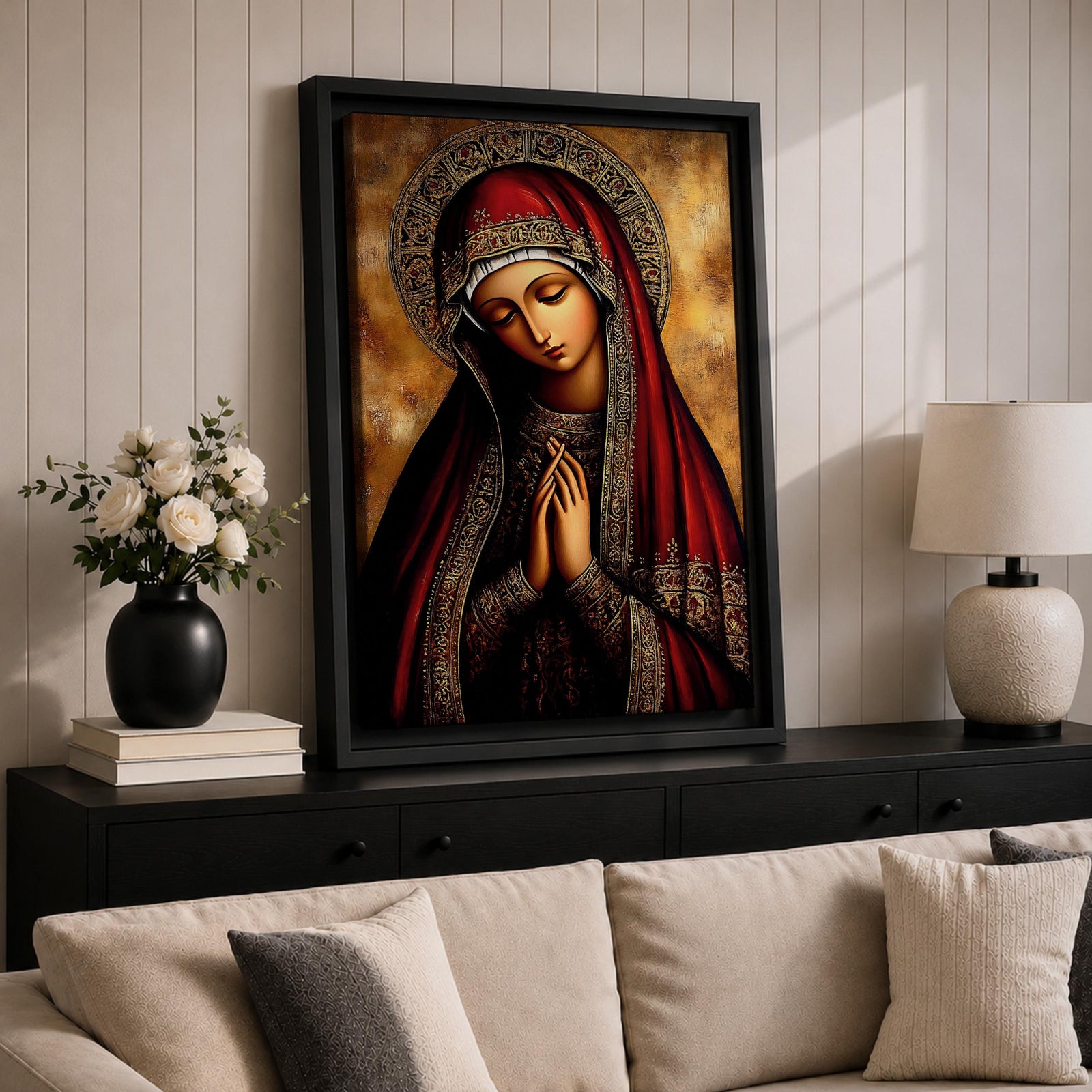 A detailed Byzantine icon style portrait of the Virgin Mary with a solemn expression, hands clasped in prayer, wearing a richly decorated red and gold robe and halo, rendered in a traditional religious art style with warm tones and intricate patterns.