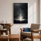 A framed canvas wall art depicting a dramatic lightning bolt striking over a stormy ocean seascape. The dark clouds and turbulent water create a powerful natural scene emphasizing the raw energy of lightning over the sea, captured in a realistic style.