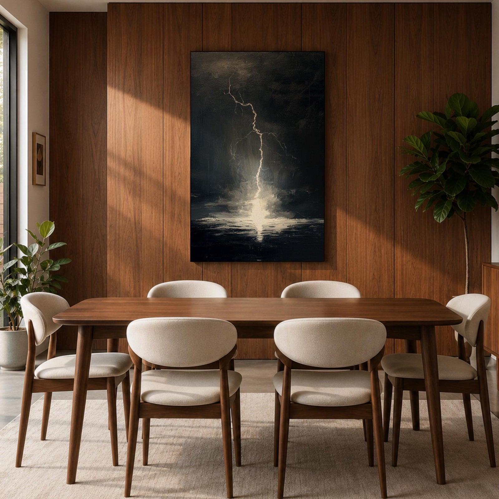 A framed canvas wall art depicting a dramatic lightning bolt striking over a stormy ocean seascape. The dark clouds and turbulent water create a powerful natural scene emphasizing the raw energy of lightning over the sea, captured in a realistic style.