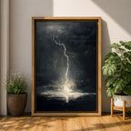 A framed canvas wall art depicting a dramatic lightning bolt striking over a stormy ocean seascape. The dark clouds and turbulent water create a powerful natural scene emphasizing the raw energy of lightning over the sea, captured in a realistic style.