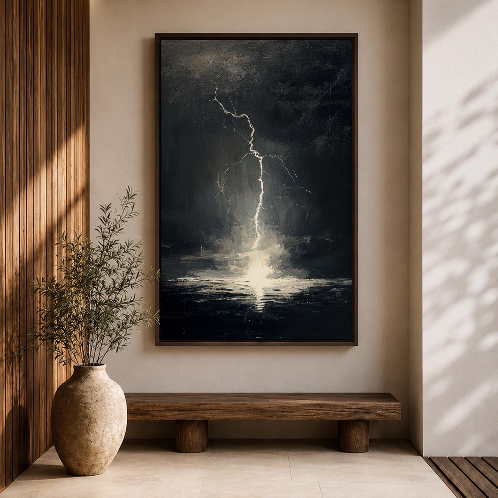 A framed canvas wall art depicting a dramatic lightning bolt striking over a stormy ocean seascape. The dark clouds and turbulent water create a powerful natural scene emphasizing the raw energy of lightning over the sea, captured in a realistic style.