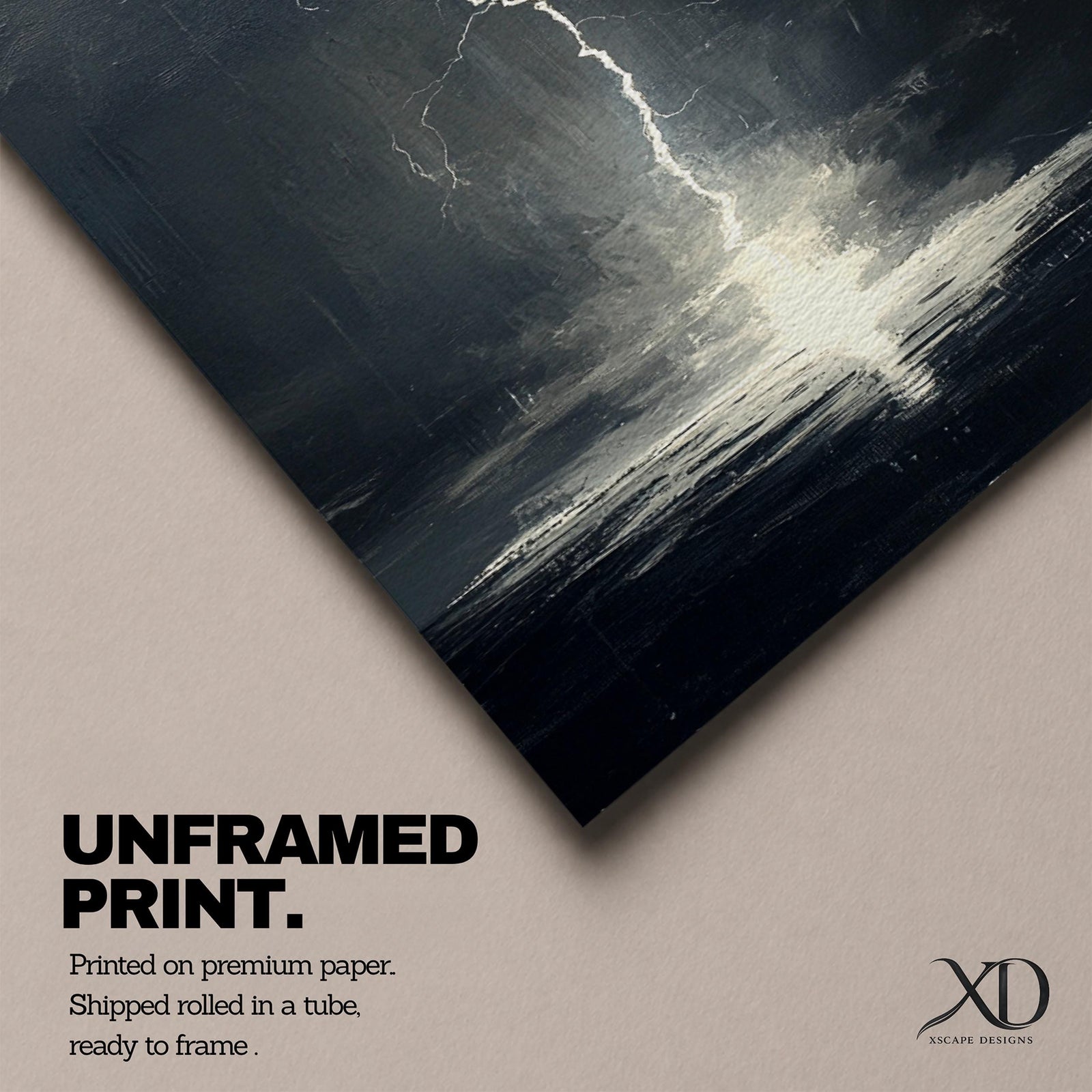 A framed canvas wall art depicting a dramatic lightning bolt striking over a stormy ocean seascape. The dark clouds and turbulent water create a powerful natural scene emphasizing the raw energy of lightning over the sea, captured in a realistic style.
