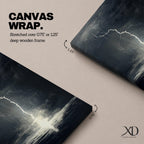 A framed canvas wall art depicting a dramatic lightning bolt striking over a stormy ocean seascape. The dark clouds and turbulent water create a powerful natural scene emphasizing the raw energy of lightning over the sea, captured in a realistic style.