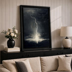 A framed canvas wall art depicting a dramatic lightning bolt striking over a stormy ocean seascape. The dark clouds and turbulent water create a powerful natural scene emphasizing the raw energy of lightning over the sea, captured in a realistic style.