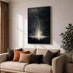 A framed canvas wall art depicting a dramatic lightning bolt striking over a stormy ocean seascape. The dark clouds and turbulent water create a powerful natural scene emphasizing the raw energy of lightning over the sea, captured in a realistic style.