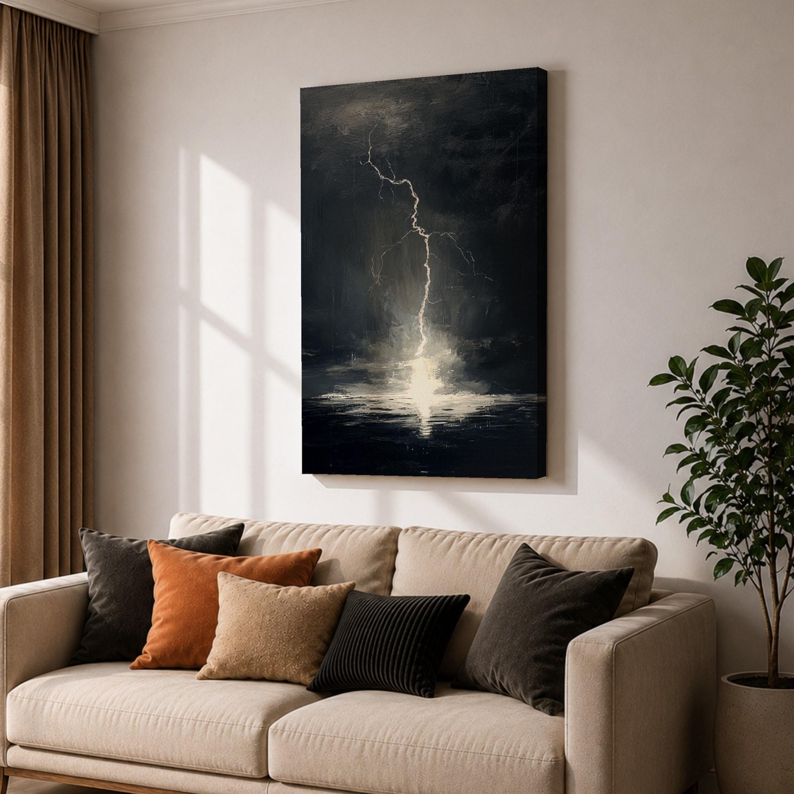 A framed canvas wall art depicting a dramatic lightning bolt striking over a stormy ocean seascape. The dark clouds and turbulent water create a powerful natural scene emphasizing the raw energy of lightning over the sea, captured in a realistic style.