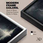 A framed canvas wall art depicting a dramatic lightning bolt striking over a stormy ocean seascape. The dark clouds and turbulent water create a powerful natural scene emphasizing the raw energy of lightning over the sea, captured in a realistic style.