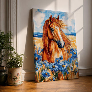 A vibrant watercolor painting of a wild horse with flowing mane standing amidst blue wildflowers in a natural field setting. The artwork captures the horse’s dynamic presence and the delicate floral details with expressive brushstrokes and rich colors, emphasizing a rustic and natural animal theme.
