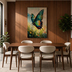 An impasto style oil painting of a vibrant swallowtail butterfly perched among wildflowers and grasses. The textured brushstrokes emphasize the butterfly’s detailed wings with shades of blue, green, yellow, and red, set against a soft, blurred natural background evoking a lively botanical scene.