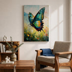 An impasto style oil painting of a vibrant swallowtail butterfly perched among wildflowers and grasses. The textured brushstrokes emphasize the butterfly’s detailed wings with shades of blue, green, yellow, and red, set against a soft, blurred natural background evoking a lively botanical scene.