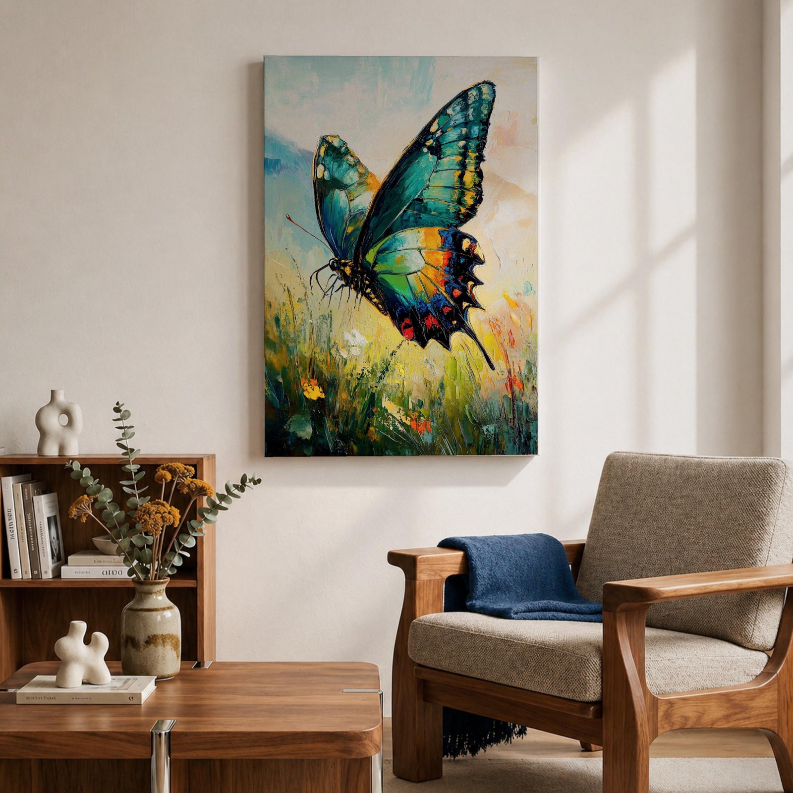 An impasto style oil painting of a vibrant swallowtail butterfly perched among wildflowers and grasses. The textured brushstrokes emphasize the butterfly’s detailed wings with shades of blue, green, yellow, and red, set against a soft, blurred natural background evoking a lively botanical scene.