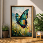 An impasto style oil painting of a vibrant swallowtail butterfly perched among wildflowers and grasses. The textured brushstrokes emphasize the butterfly’s detailed wings with shades of blue, green, yellow, and red, set against a soft, blurred natural background evoking a lively botanical scene.