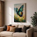 An impasto style oil painting of a vibrant swallowtail butterfly perched among wildflowers and grasses. The textured brushstrokes emphasize the butterfly’s detailed wings with shades of blue, green, yellow, and red, set against a soft, blurred natural background evoking a lively botanical scene.