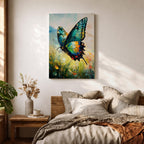 An impasto style oil painting of a vibrant swallowtail butterfly perched among wildflowers and grasses. The textured brushstrokes emphasize the butterfly’s detailed wings with shades of blue, green, yellow, and red, set against a soft, blurred natural background evoking a lively botanical scene.