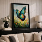 An impasto style oil painting of a vibrant swallowtail butterfly perched among wildflowers and grasses. The textured brushstrokes emphasize the butterfly’s detailed wings with shades of blue, green, yellow, and red, set against a soft, blurred natural background evoking a lively botanical scene.