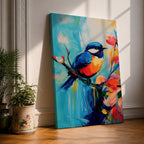 A vibrant abstract painting of a bird perched on a branch surrounded by colorful flowers. The artwork features bold brushstrokes and a dynamic composition emphasizing the bird’s blue and orange plumage against a bright, painterly background.