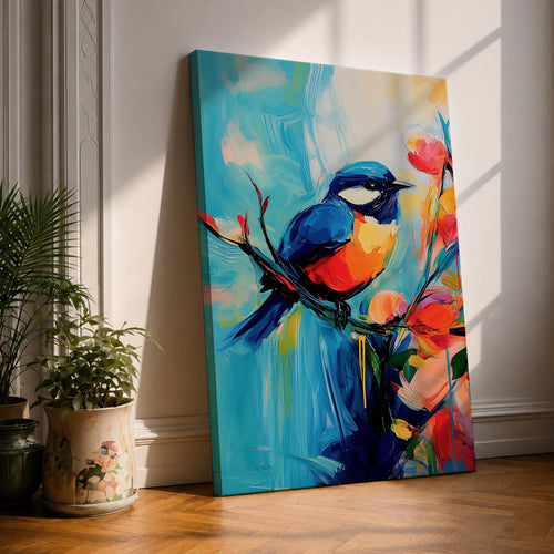 A vibrant abstract painting of a bird perched on a branch surrounded by colorful flowers. The artwork features bold brushstrokes and a dynamic composition emphasizing the bird’s blue and orange plumage against a bright, painterly background.