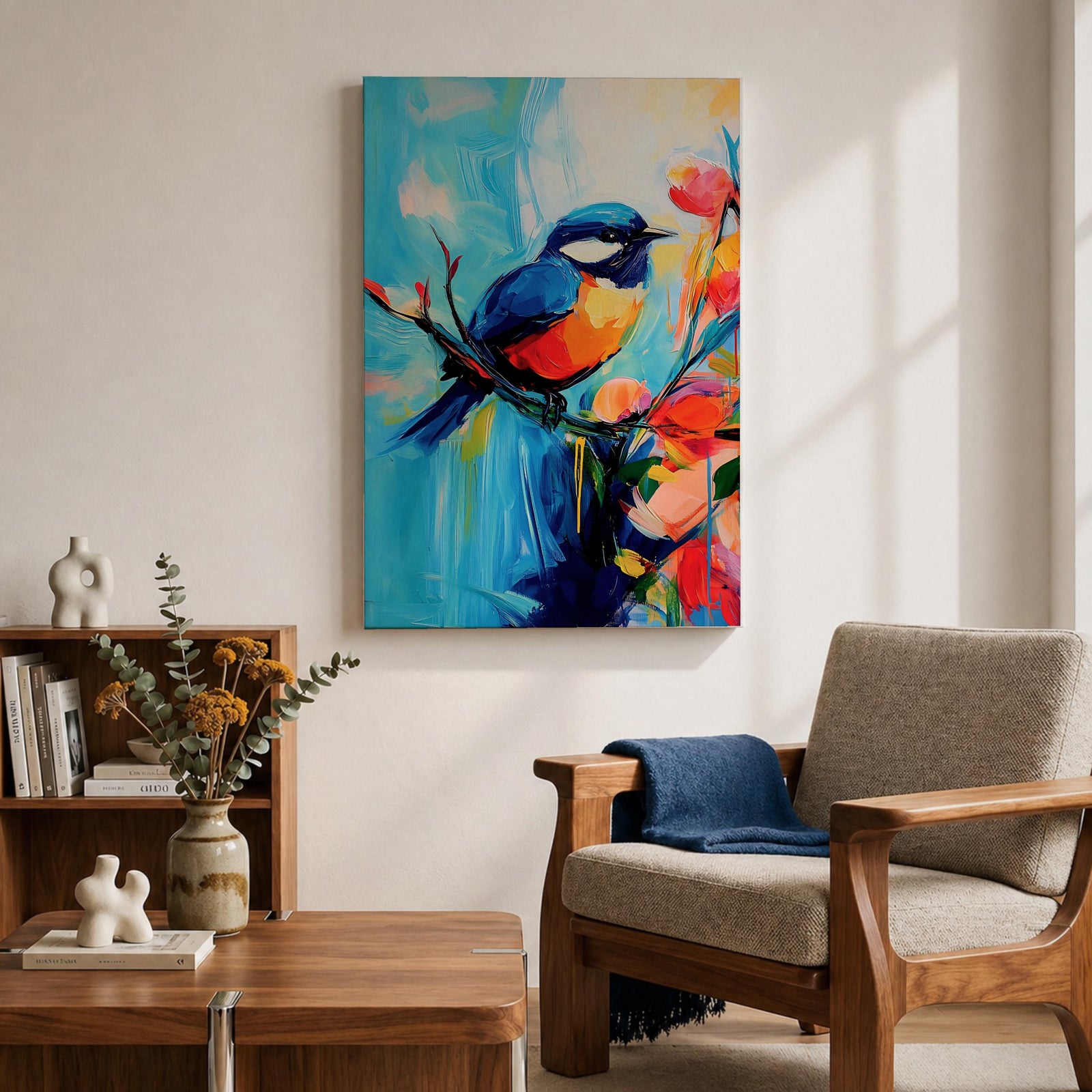 A vibrant abstract painting of a bird perched on a branch surrounded by colorful flowers. The artwork features bold brushstrokes and a dynamic composition emphasizing the bird’s blue and orange plumage against a bright, painterly background.