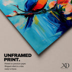 A vibrant abstract painting of a bird perched on a branch surrounded by colorful flowers. The artwork features bold brushstrokes and a dynamic composition emphasizing the bird’s blue and orange plumage against a bright, painterly background.
