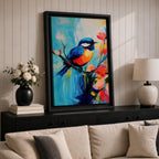A vibrant abstract painting of a bird perched on a branch surrounded by colorful flowers. The artwork features bold brushstrokes and a dynamic composition emphasizing the bird’s blue and orange plumage against a bright, painterly background.
