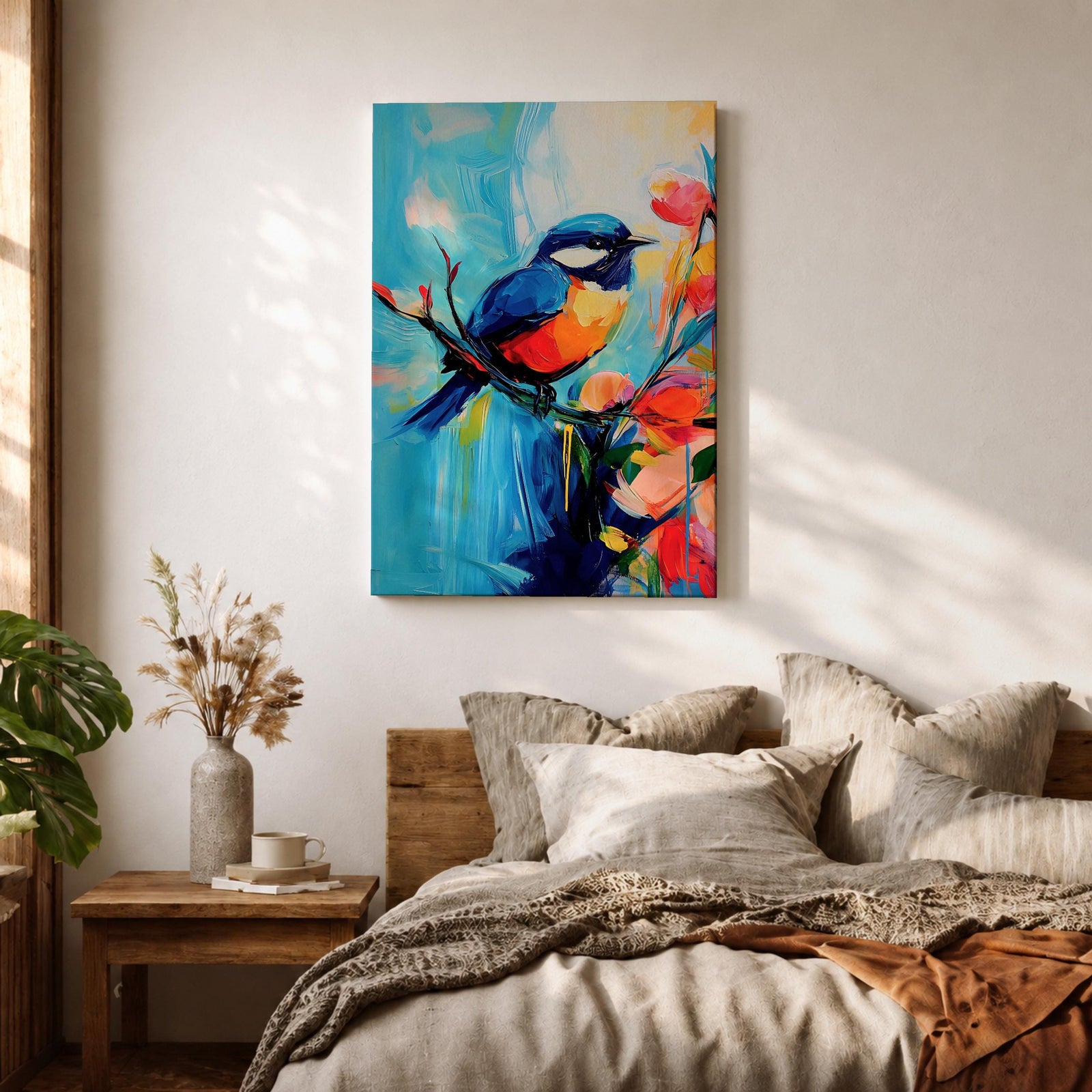 A vibrant abstract painting of a bird perched on a branch surrounded by colorful flowers. The artwork features bold brushstrokes and a dynamic composition emphasizing the bird’s blue and orange plumage against a bright, painterly background.