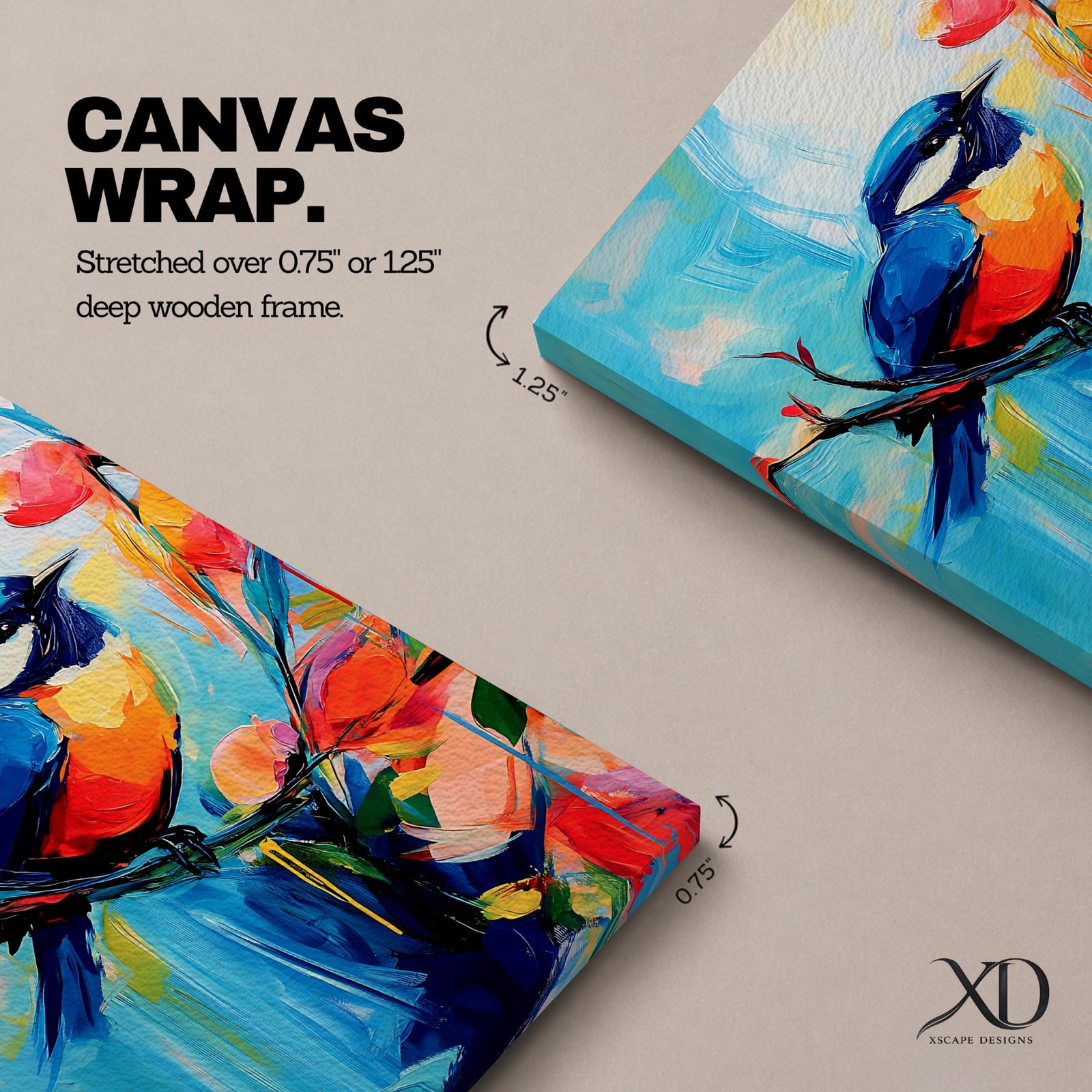 A vibrant abstract painting of a bird perched on a branch surrounded by colorful flowers. The artwork features bold brushstrokes and a dynamic composition emphasizing the bird’s blue and orange plumage against a bright, painterly background.