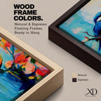 A vibrant abstract painting of a bird perched on a branch surrounded by colorful flowers. The artwork features bold brushstrokes and a dynamic composition emphasizing the bird’s blue and orange plumage against a bright, painterly background.