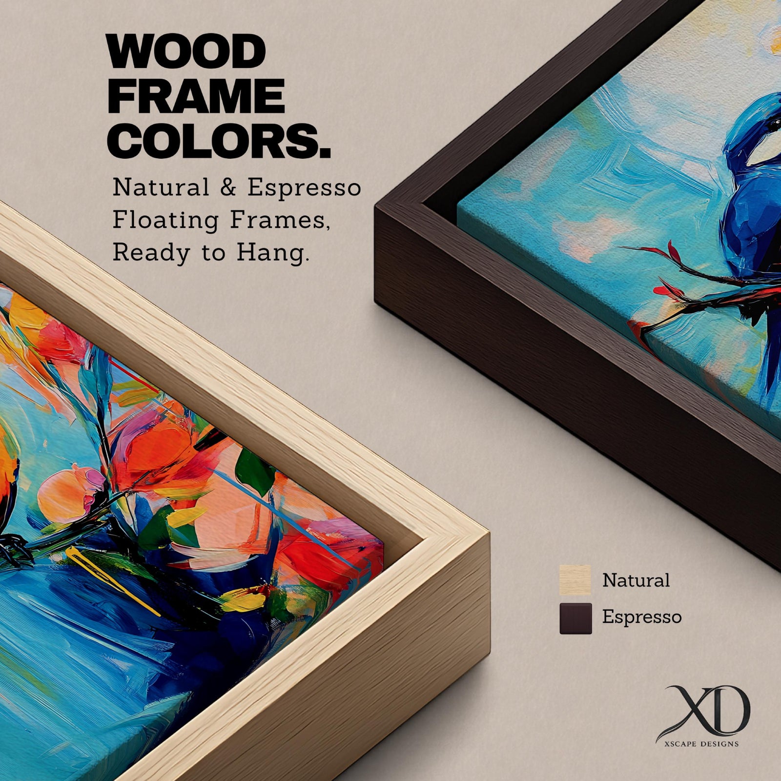 A vibrant abstract painting of a bird perched on a branch surrounded by colorful flowers. The artwork features bold brushstrokes and a dynamic composition emphasizing the bird’s blue and orange plumage against a bright, painterly background.