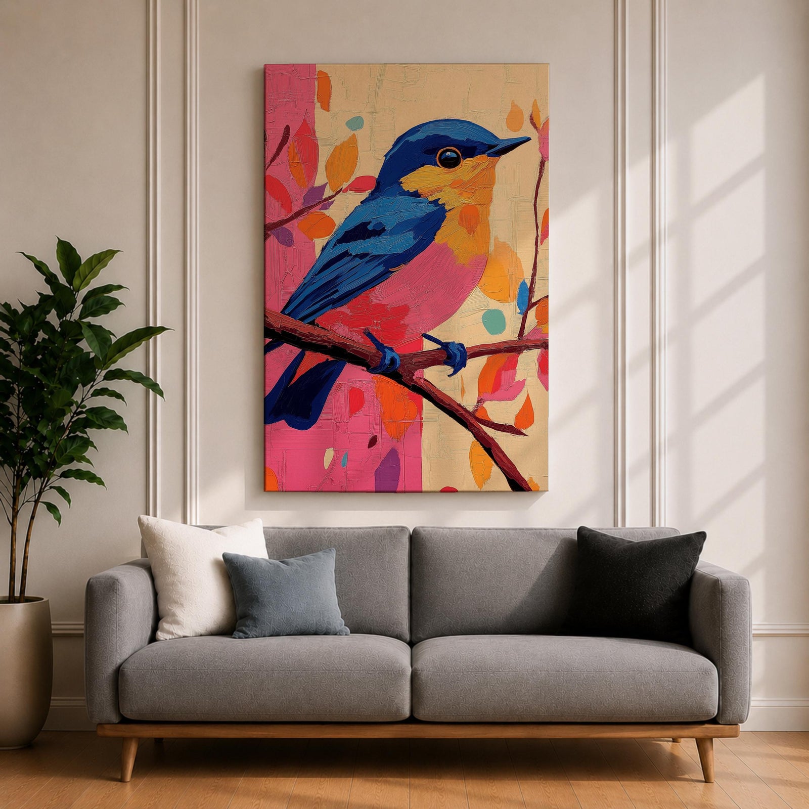 A vibrant impasto oil painting of a colorful bird perched on a branch, featuring bold textured brushstrokes and a lively palette of blues, pinks, and oranges with abstract leaf shapes in the background, capturing the essence of a songbird in nature.