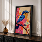 A vibrant impasto oil painting of a colorful bird perched on a branch, featuring bold textured brushstrokes and a lively palette of blues, pinks, and oranges with abstract leaf shapes in the background, capturing the essence of a songbird in nature.