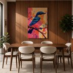 A vibrant impasto oil painting of a colorful bird perched on a branch, featuring bold textured brushstrokes and a lively palette of blues, pinks, and oranges with abstract leaf shapes in the background, capturing the essence of a songbird in nature.