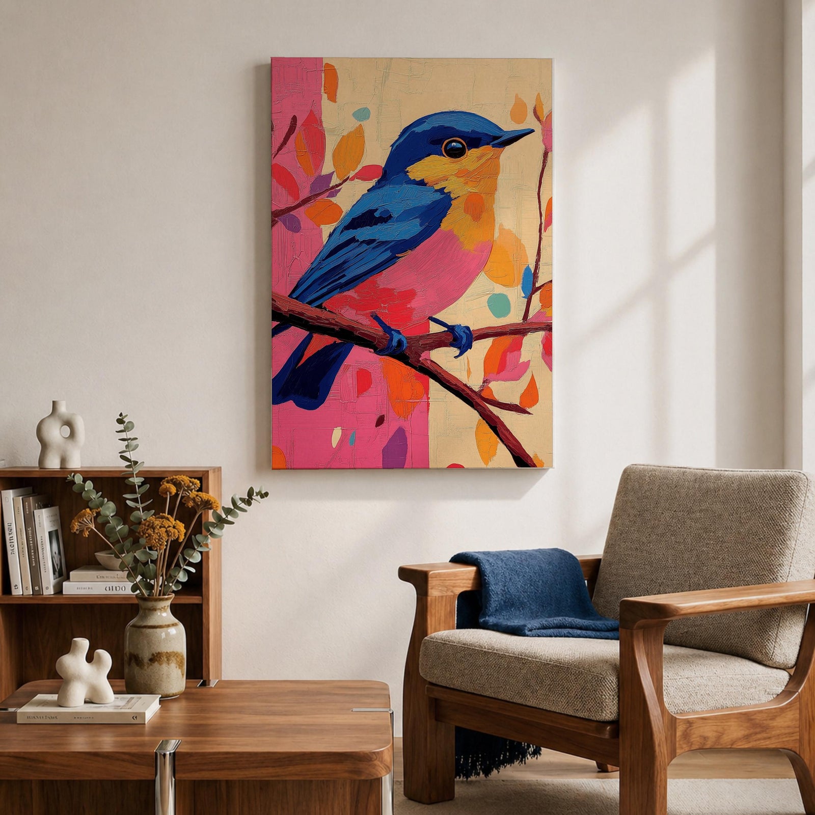 A vibrant impasto oil painting of a colorful bird perched on a branch, featuring bold textured brushstrokes and a lively palette of blues, pinks, and oranges with abstract leaf shapes in the background, capturing the essence of a songbird in nature.