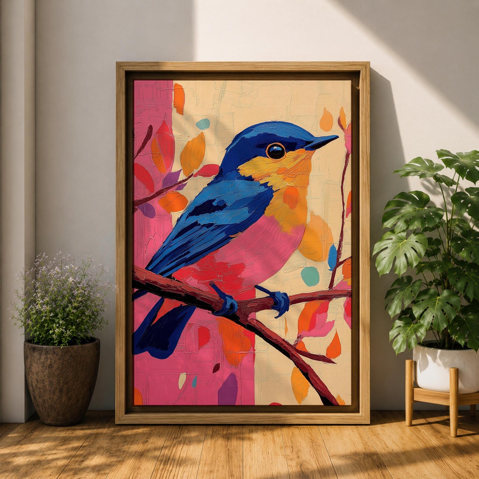 A vibrant impasto oil painting of a colorful bird perched on a branch, featuring bold textured brushstrokes and a lively palette of blues, pinks, and oranges with abstract leaf shapes in the background, capturing the essence of a songbird in nature.