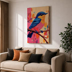 A vibrant impasto oil painting of a colorful bird perched on a branch, featuring bold textured brushstrokes and a lively palette of blues, pinks, and oranges with abstract leaf shapes in the background, capturing the essence of a songbird in nature.