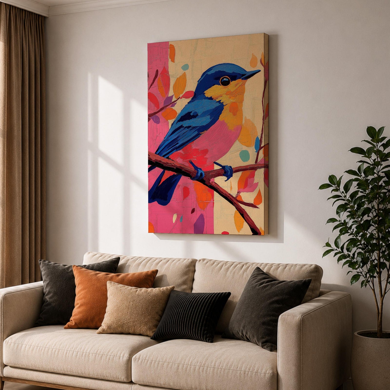 A vibrant impasto oil painting of a colorful bird perched on a branch, featuring bold textured brushstrokes and a lively palette of blues, pinks, and oranges with abstract leaf shapes in the background, capturing the essence of a songbird in nature.