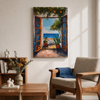 This impasto style painting depicts a Mediterranean window opening to a coastal terrace with potted plants and a vibrant ocean view beyond. The textured brushstrokes emphasize the lush greenery and bright blue sea, capturing a serene landscape scene framed by rustic wooden shutters.