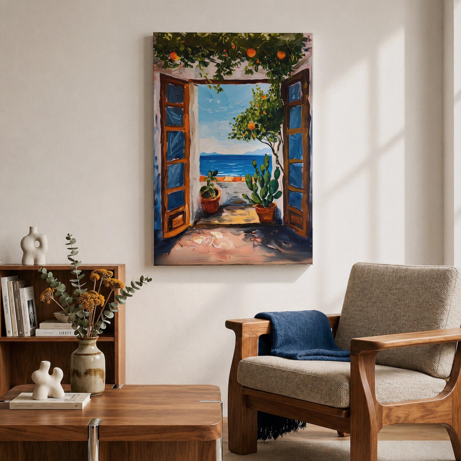 This impasto style painting depicts a Mediterranean window opening to a coastal terrace with potted plants and a vibrant ocean view beyond. The textured brushstrokes emphasize the lush greenery and bright blue sea, capturing a serene landscape scene framed by rustic wooden shutters.