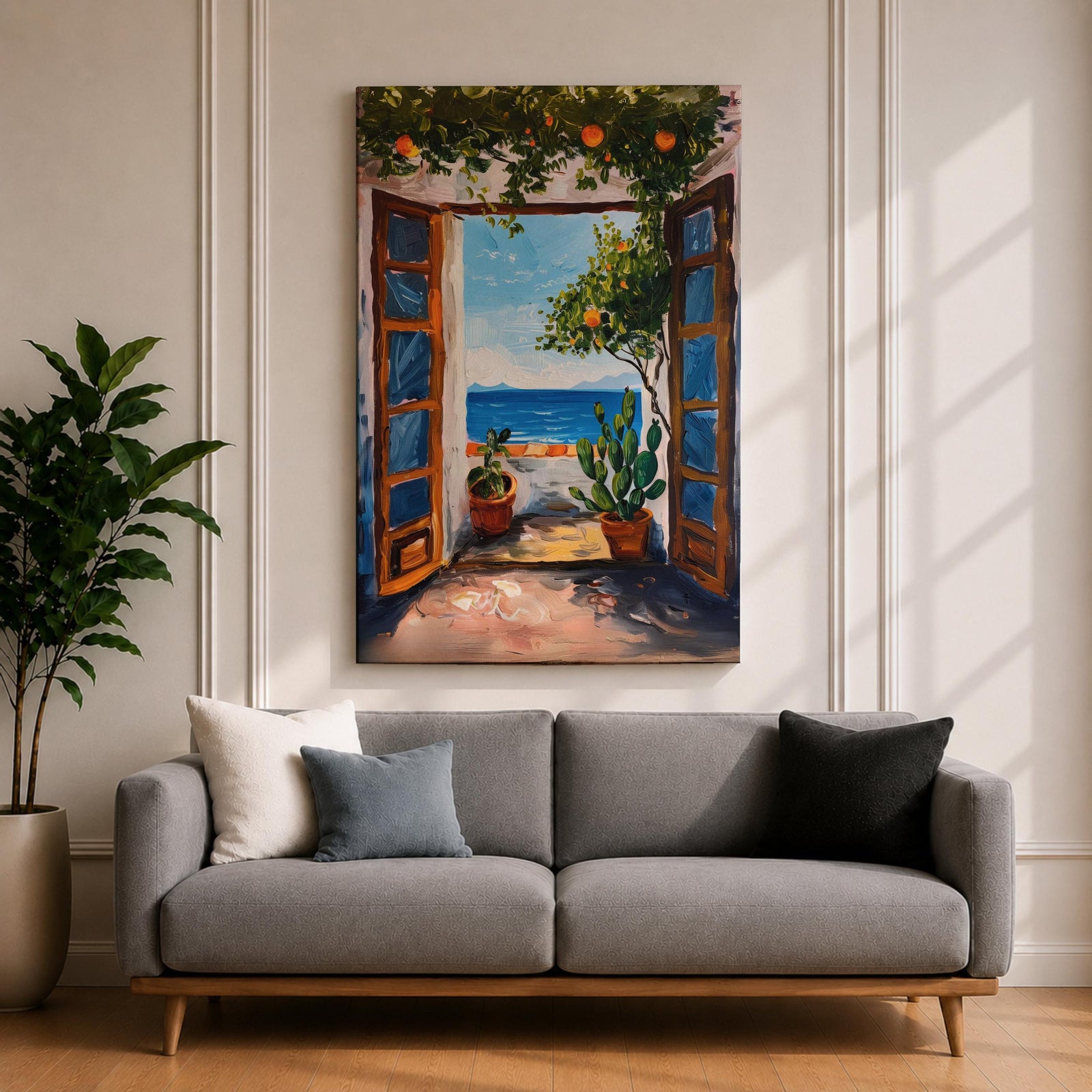 This impasto style painting depicts a Mediterranean window opening to a coastal terrace with potted plants and a vibrant ocean view beyond. The textured brushstrokes emphasize the lush greenery and bright blue sea, capturing a serene landscape scene framed by rustic wooden shutters.