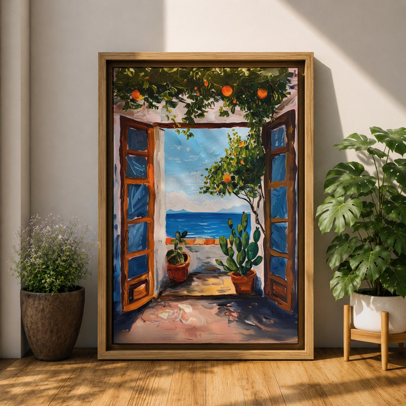 This impasto style painting depicts a Mediterranean window opening to a coastal terrace with potted plants and a vibrant ocean view beyond. The textured brushstrokes emphasize the lush greenery and bright blue sea, capturing a serene landscape scene framed by rustic wooden shutters.