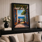 This impasto style painting depicts a Mediterranean window opening to a coastal terrace with potted plants and a vibrant ocean view beyond. The textured brushstrokes emphasize the lush greenery and bright blue sea, capturing a serene landscape scene framed by rustic wooden shutters.