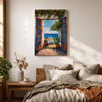 This impasto style painting depicts a Mediterranean window opening to a coastal terrace with potted plants and a vibrant ocean view beyond. The textured brushstrokes emphasize the lush greenery and bright blue sea, capturing a serene landscape scene framed by rustic wooden shutters.