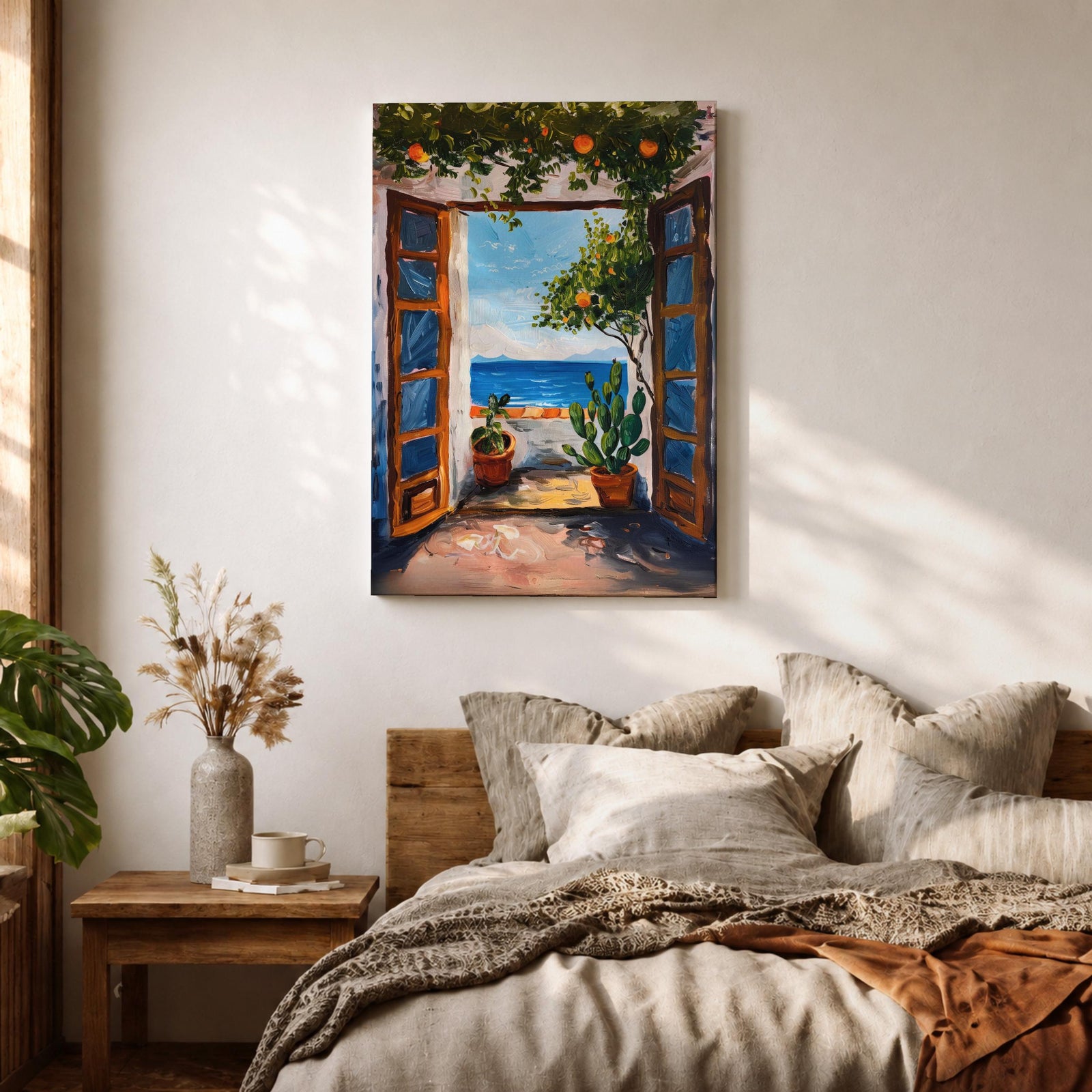This impasto style painting depicts a Mediterranean window opening to a coastal terrace with potted plants and a vibrant ocean view beyond. The textured brushstrokes emphasize the lush greenery and bright blue sea, capturing a serene landscape scene framed by rustic wooden shutters.