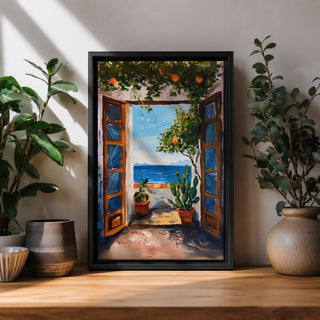 This impasto style painting depicts a Mediterranean window opening to a coastal terrace with potted plants and a vibrant ocean view beyond. The textured brushstrokes emphasize the lush greenery and bright blue sea, capturing a serene landscape scene framed by rustic wooden shutters.