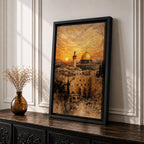 Painting of the Dome of the Rock rising above the historic Jerusalem skyline with its golden dome and surrounding mosque architecture overlooking ancient stone buildings and city walls, set beneath a dramatic swirling sunset sky in a textured painterly style capturing the iconic Al Quds landmark.