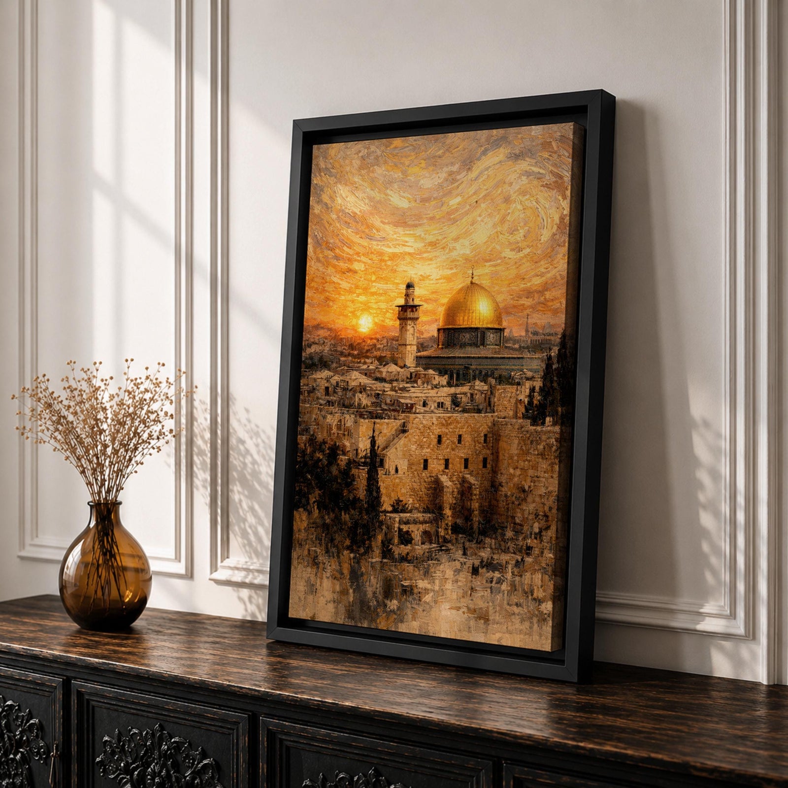 Painting of the Dome of the Rock rising above the historic Jerusalem skyline with its golden dome and surrounding mosque architecture overlooking ancient stone buildings and city walls, set beneath a dramatic swirling sunset sky in a textured painterly style capturing the iconic Al Quds landmark.