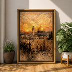 Painting of the Dome of the Rock rising above the historic Jerusalem skyline with its golden dome and surrounding mosque architecture overlooking ancient stone buildings and city walls, set beneath a dramatic swirling sunset sky in a textured painterly style capturing the iconic Al Quds landmark.