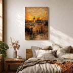 Painting of the Dome of the Rock rising above the historic Jerusalem skyline with its golden dome and surrounding mosque architecture overlooking ancient stone buildings and city walls, set beneath a dramatic swirling sunset sky in a textured painterly style capturing the iconic Al Quds landmark.